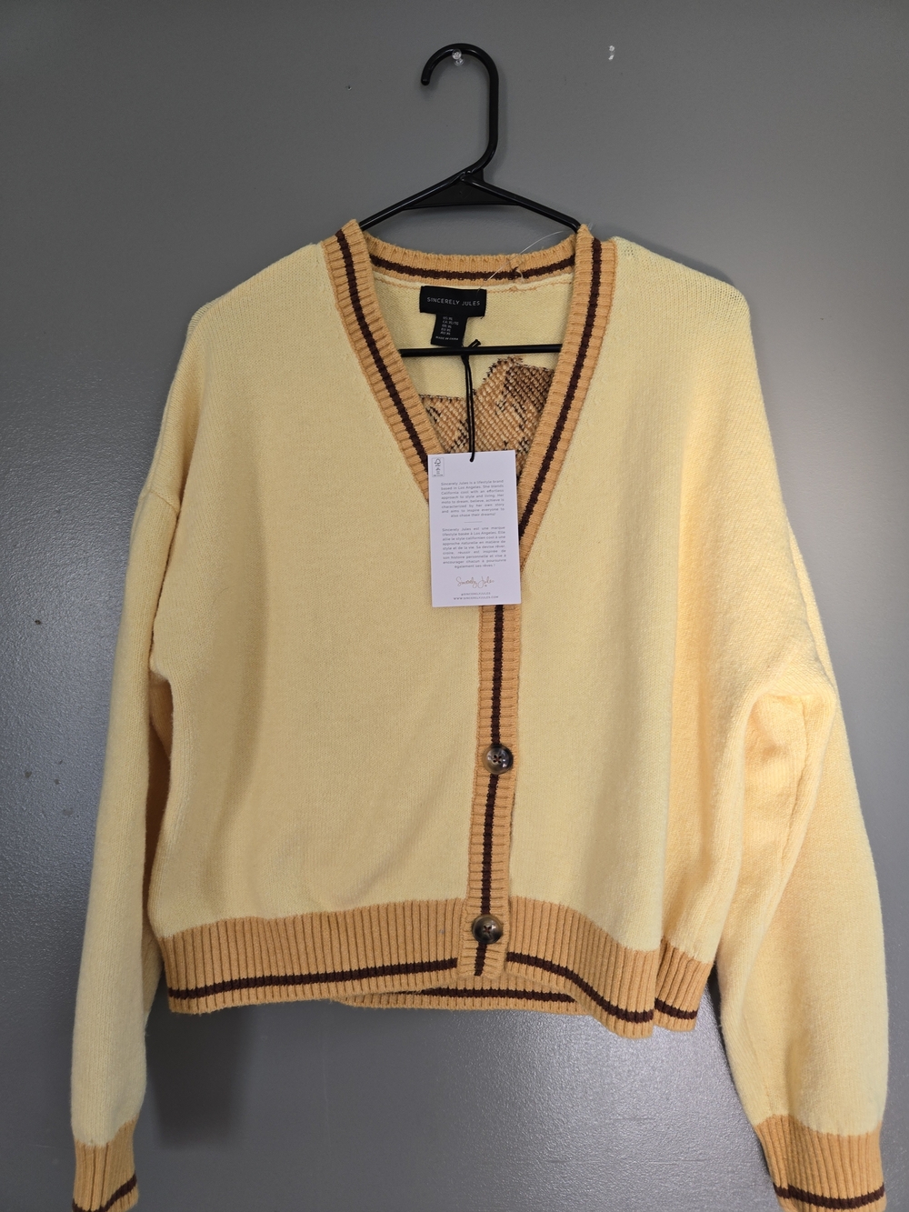 Sincerly Jules Pale Yellow Cardigan with Brown Trim Accents